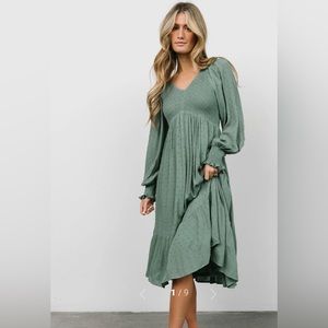 Baltic Born | Lainey Smocked Dotted MIDI Dress - Dark Sage